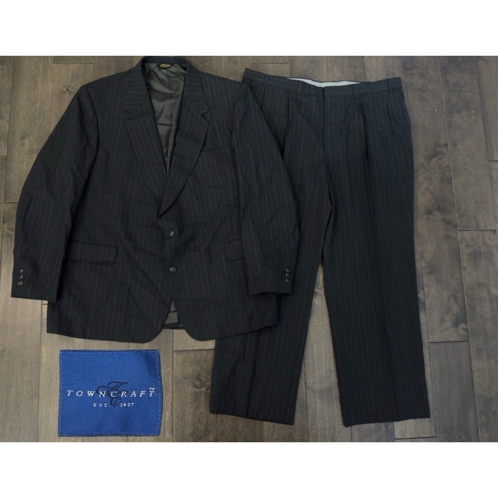 Town Craft Mens Grey Pinstripe 2PC Suit Jacket Size 50L Pants 42X30.5 Wool Blend